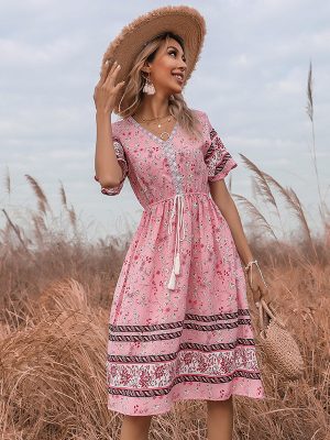 Summer Pink Floral Tie-Neck V-Neck Dress