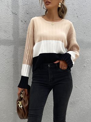 Casual Stitching Long Sleeve Bottoming Sweater for Autumn Winter Women