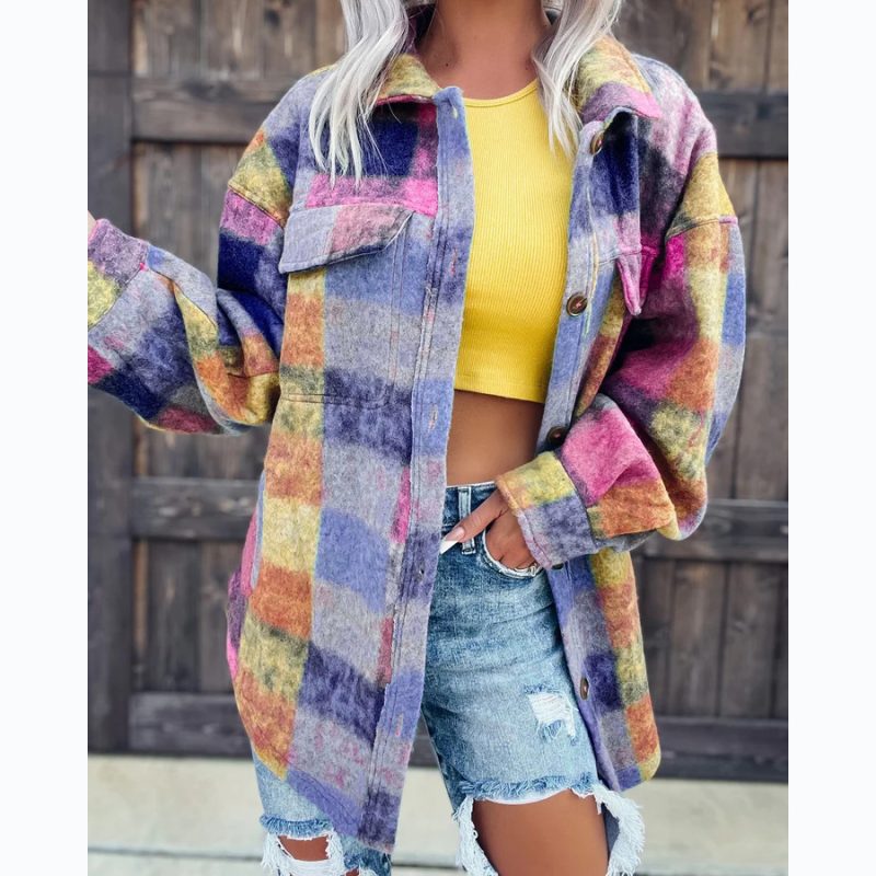 Woolen Printed Polo Collar Coat - Autumn/Winter - Image 3