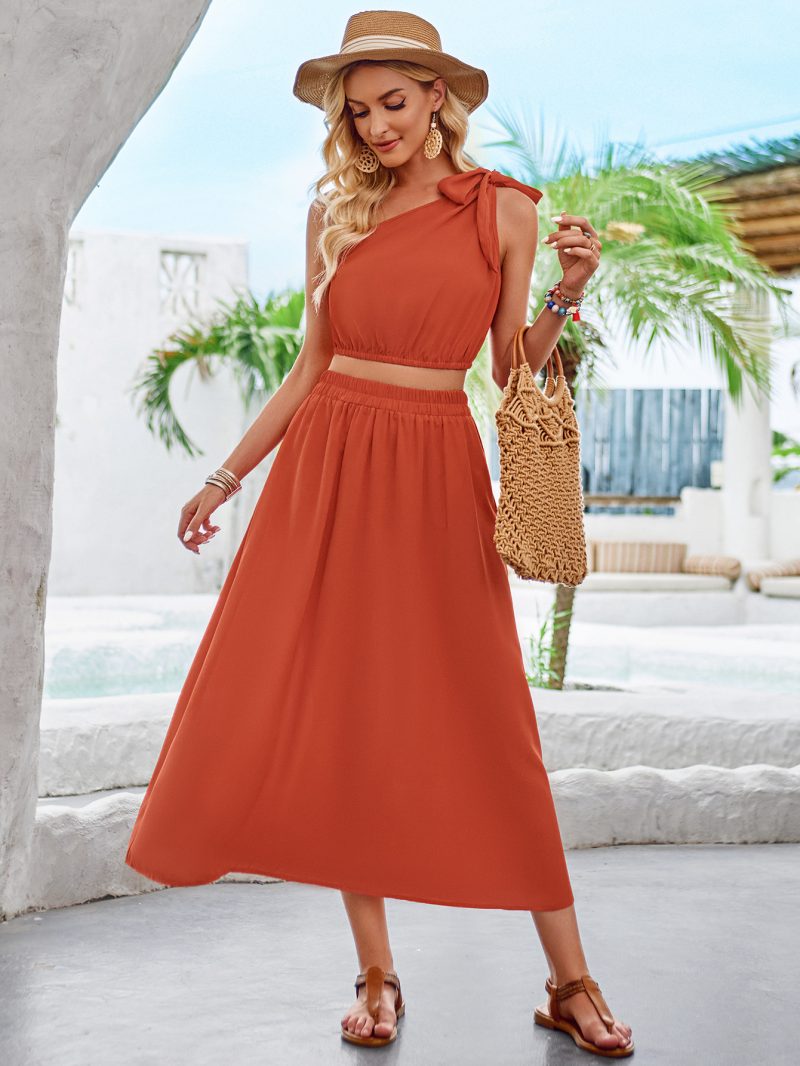 Fresh Solid Color Oblique Shoulder Skirt Set - Summer" - Image 3
