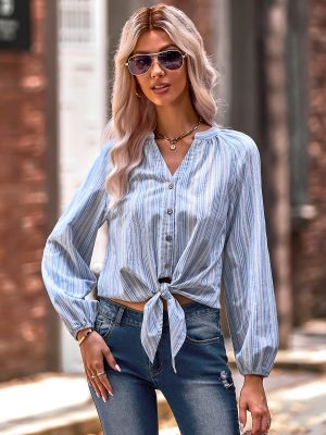 Fashionable Slim Fit V-Neck Striped Shirt