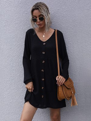 Loose Black Long Sleeve Sweater Dress for Autumn/Winter