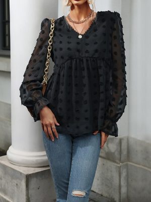 Black V-neck Long Sleeve Loose Top