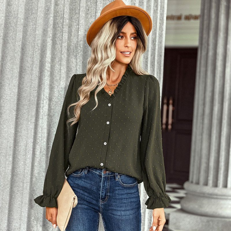All-Matching V-neck Shirt: Polka Dot Casual Charm" - Image 3