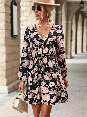 Printed V-Neck Long Sleeve Dress – Fall Style