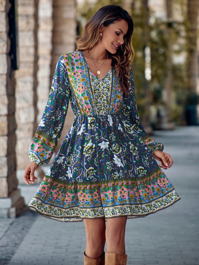 Printed V-Neck Waist-Controlled Long Sleeve Dress - Image 4