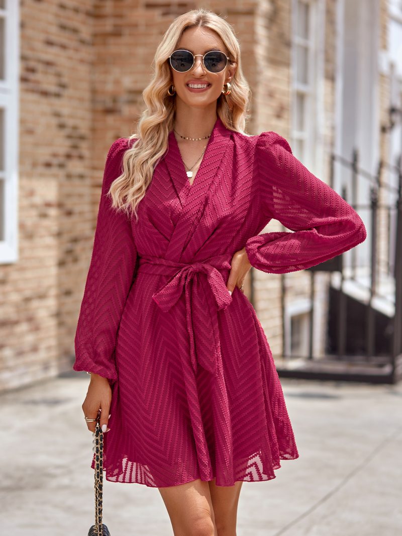 Tied Waist Long Sleeve Dress - Winter Elegance - Image 3