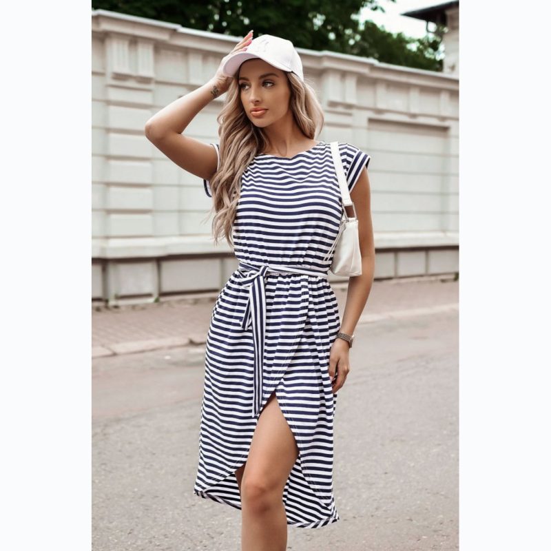 Lace-up Striped Asymmetric Dress - Summer - Image 2