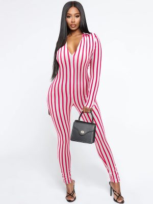 Striped V-neck Long Sleeve Jumpsuit – Fall/Winter