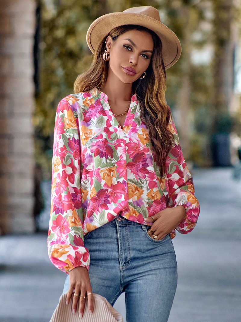 Printing V-Neck Slim Fit Long Sleeve Top - Image 2