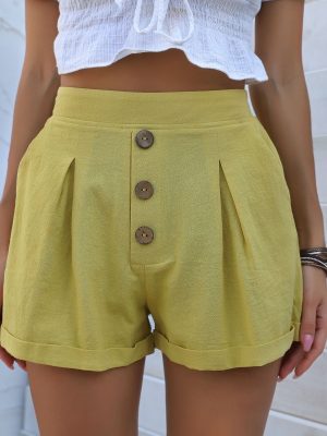 Summer Button Decorations Cotton Linen Shorts