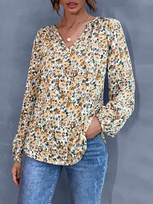 Early Autumn Holiday Women’s Loose Fitting V-Neck Floral Shirt with Long Sleeves