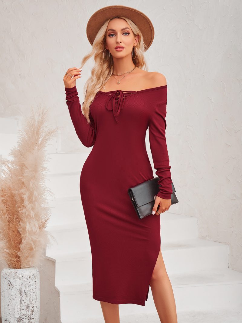 Collar Lace-Up Knitted Dress - Winter Chic - Image 4