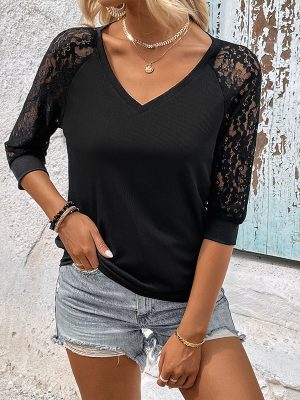 Stylish Lace Stitching Black Women’s Top