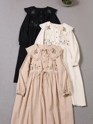 Spring New Embroidery Doll Long-sleeved Dress Midi Dress