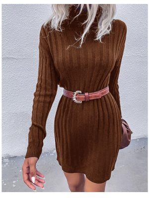 Sunken Stripe Turtleneck Sweater Dress for Winter Elegance