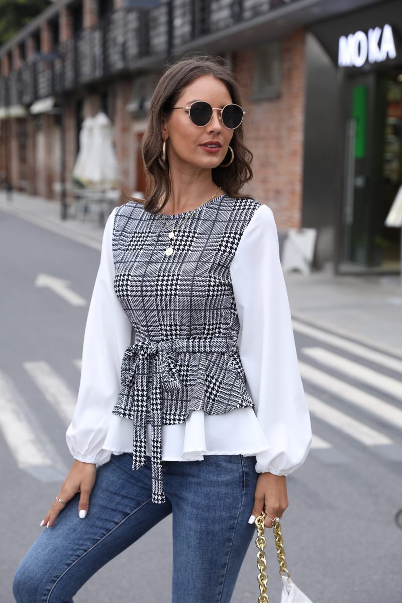 Women's Elegant Check Mosaic Waist Top: Spring & Summer - Image 4