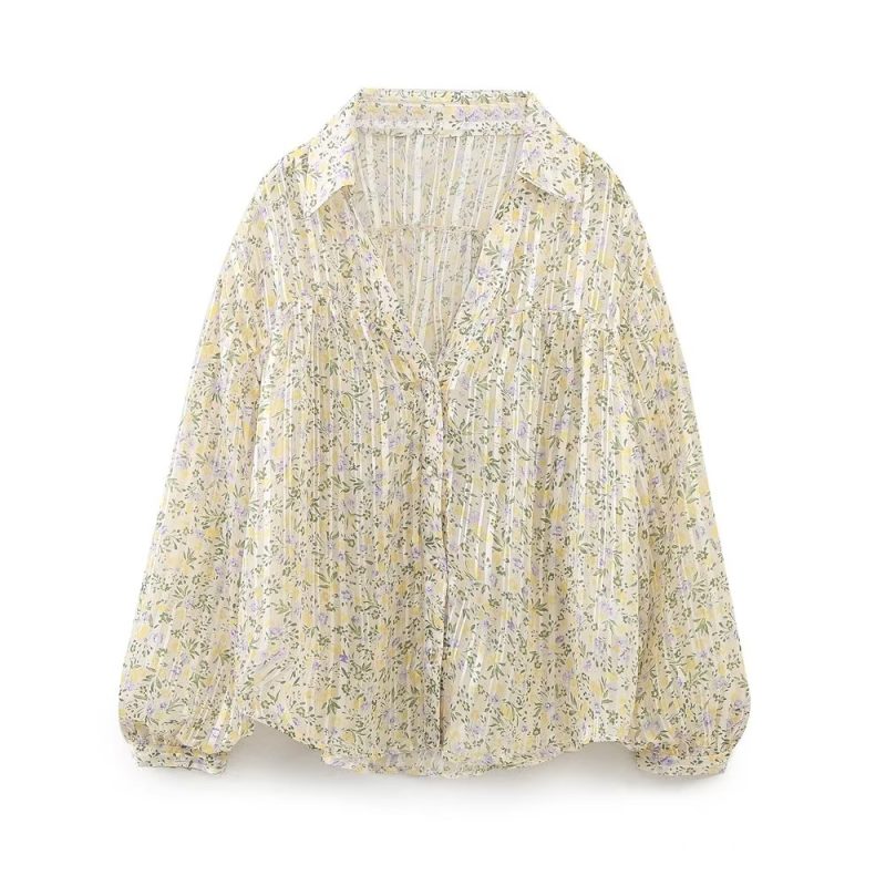 Chic Summer Style: Polo Collar Floral Print Lantern Sleeve Top - Image 2