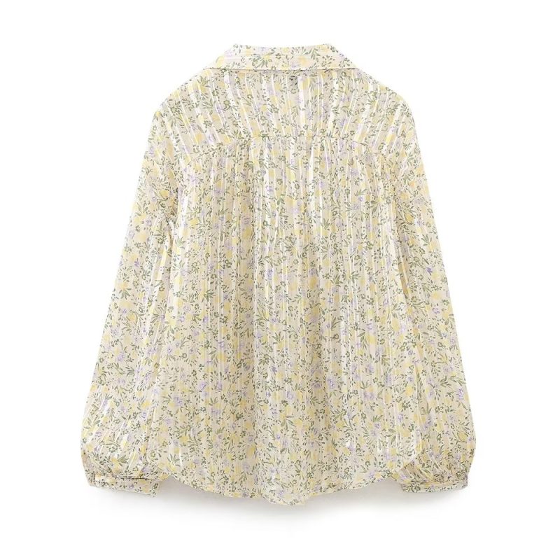 Chic Summer Style: Polo Collar Floral Print Lantern Sleeve Top - Image 3