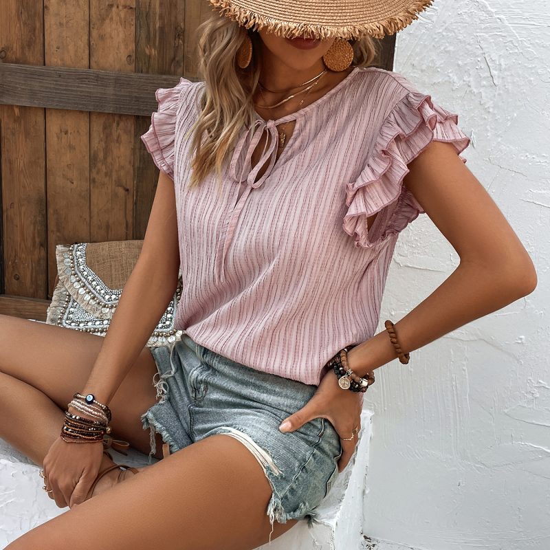 Top Women Clothing Crumpled Small V neck Lace up Top Ruffled - Image 5