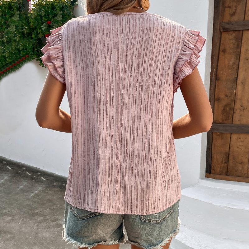 Top Women Clothing Crumpled Small V neck Lace up Top Ruffled - Image 6