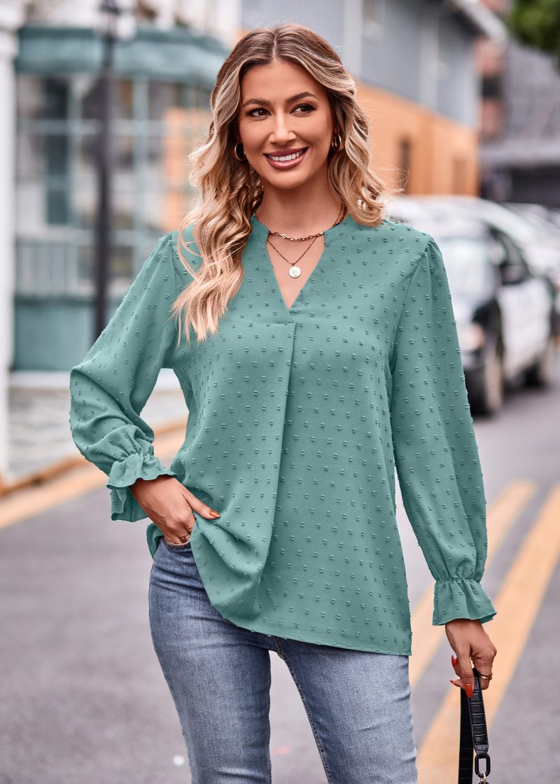 Elevate Fall Style: V-neck Jacquard Umbrella Sleeve Top - Image 9