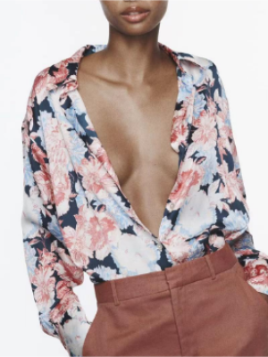 Floral Elegance: Loose Collared Long-Sleeve Shirt for Women