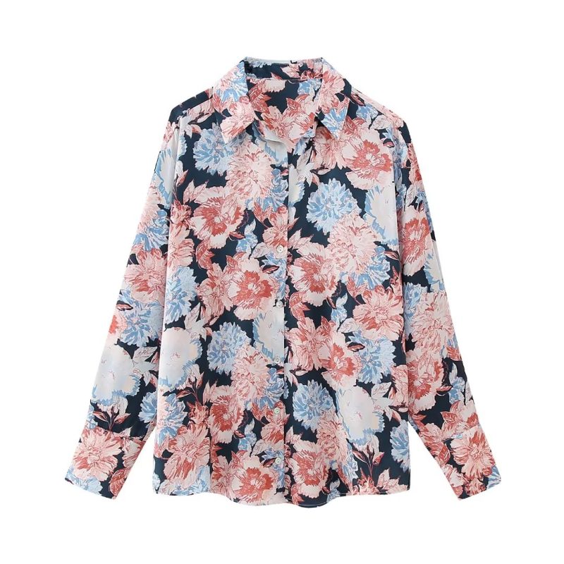 Floral Elegance: Loose Collared Long-Sleeve Shirt for Women - Image 3
