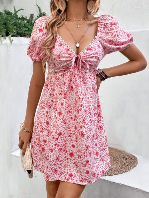 Floral V-Neck Puff Sleeve Women’s Summer Dress