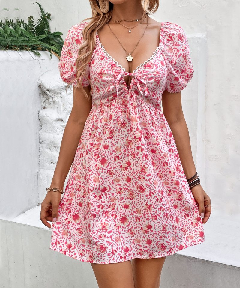 Floral V-Neck Puff Sleeve Women's Summer Dress - Image 4