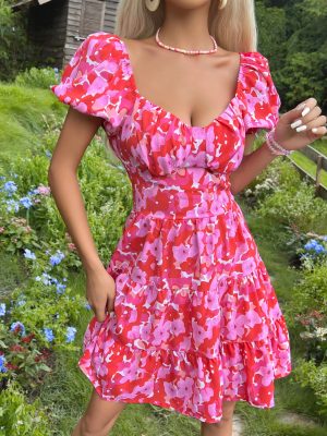 Sweet Backless Ruffled Printed Summer Dress for Women