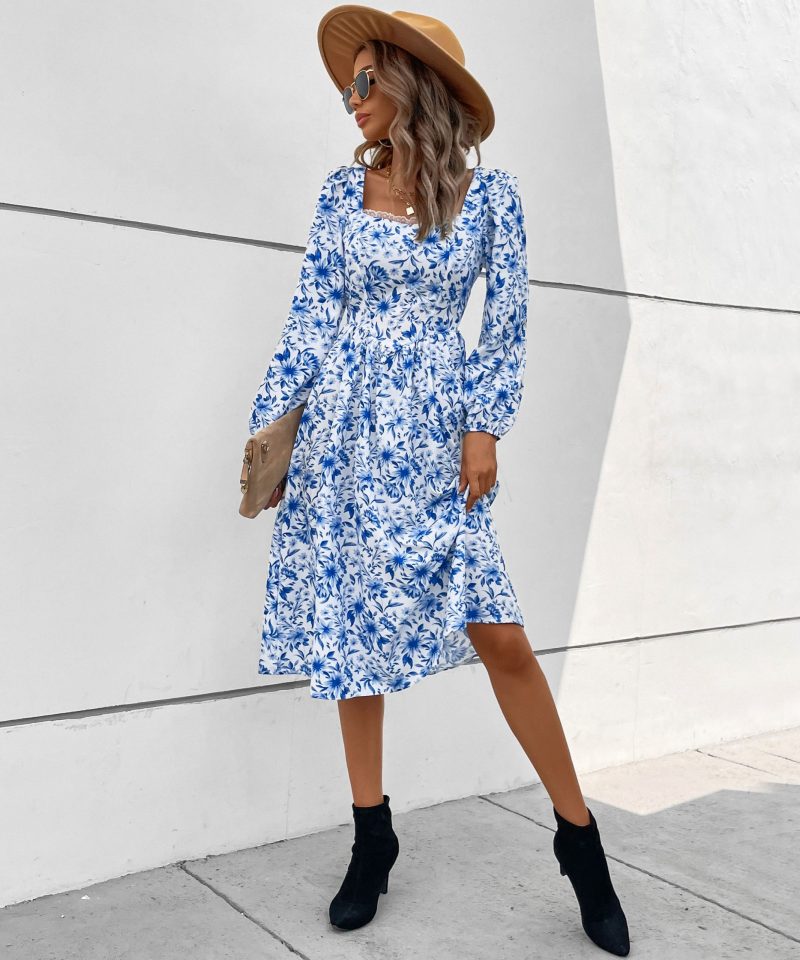 Vintage Print Square Collar Dress for Autumn Women's Clothing - Image 2