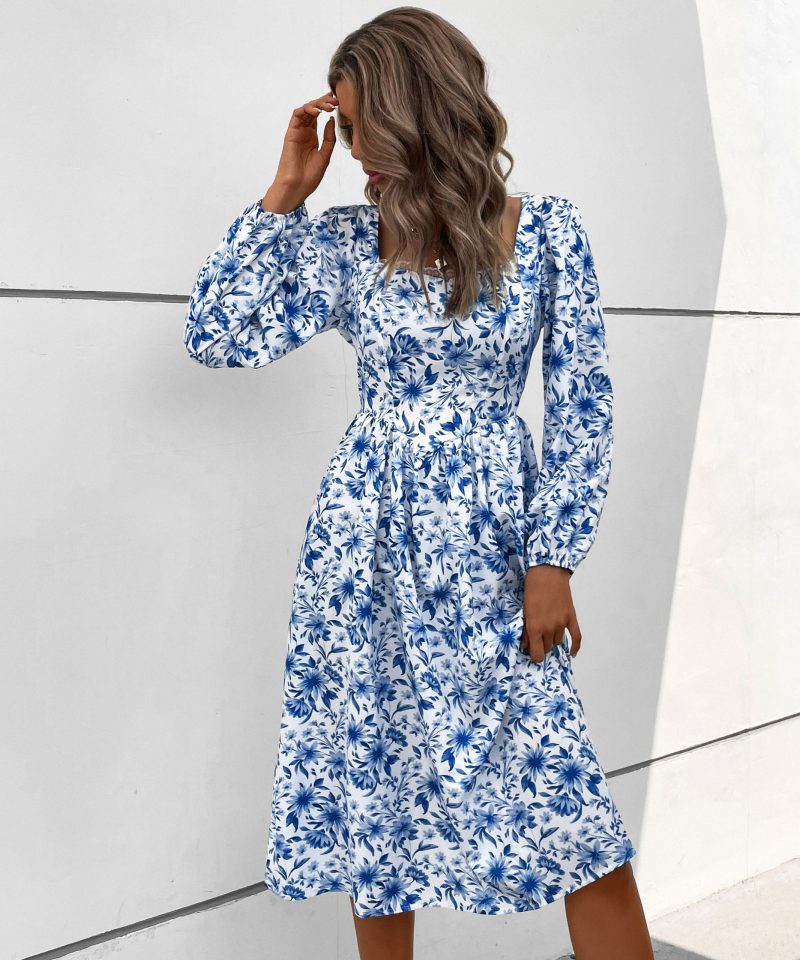 Vintage Print Square Collar Dress for Autumn Women's Clothing - Image 3