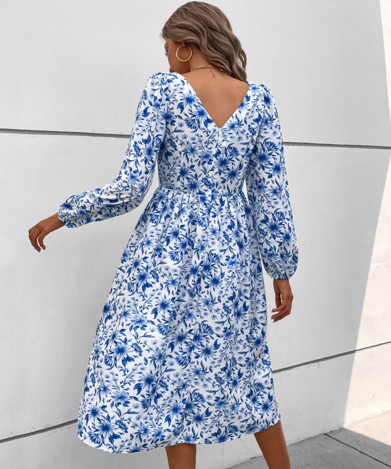 Vintage Print Square Collar Dress for Autumn Women's Clothing - Image 4