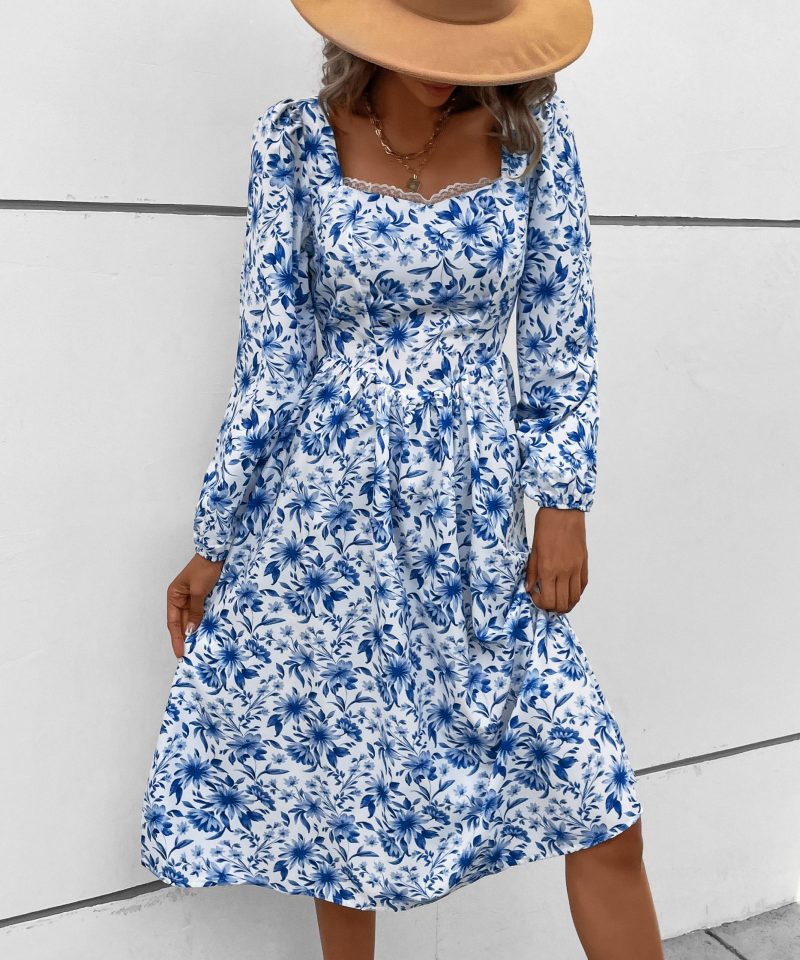 Vintage Print Square Collar Dress for Autumn Women's Clothing - Image 5