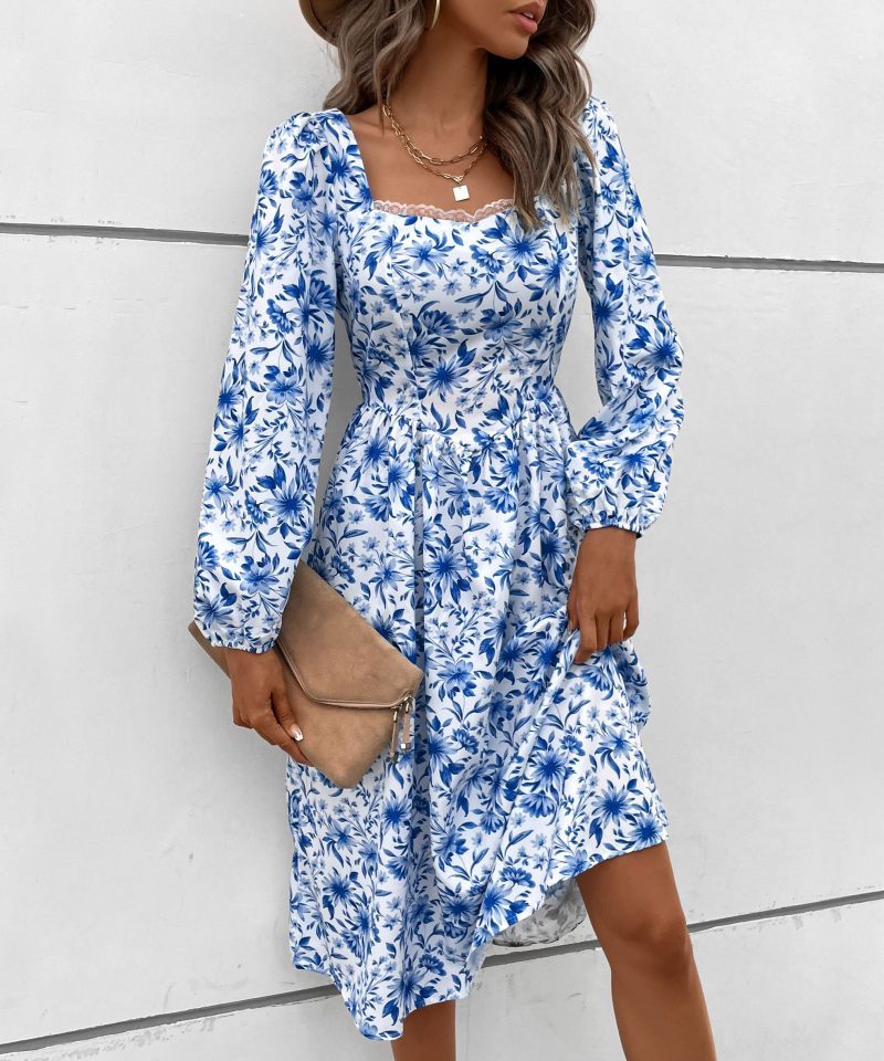 Vintage Print Square Collar Dress for Autumn Women's Clothing - Image 6