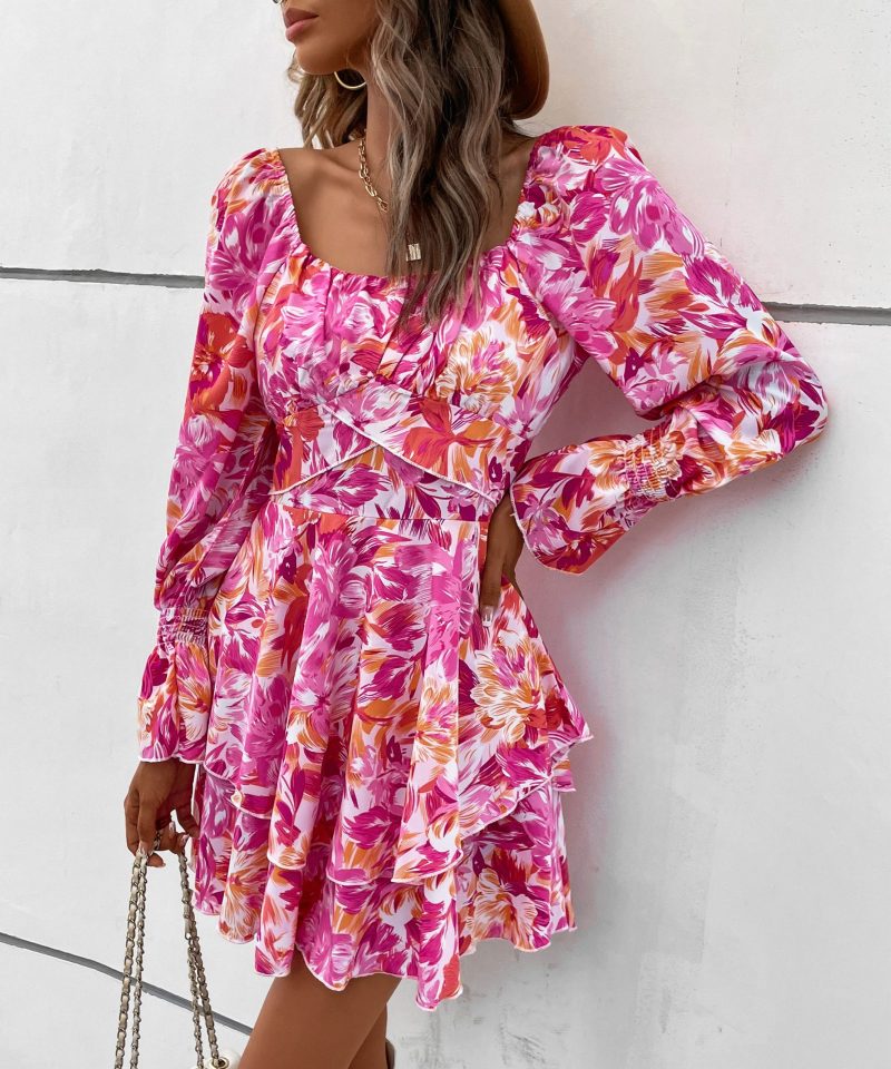 Autumn Square Collar Printed Ruffle Sleeve Slim Dress for Women - Image 3