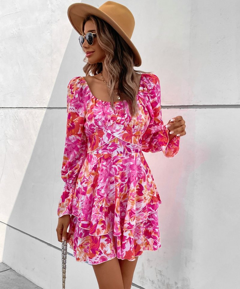 Autumn Square Collar Printed Ruffle Sleeve Slim Dress for Women - Image 5