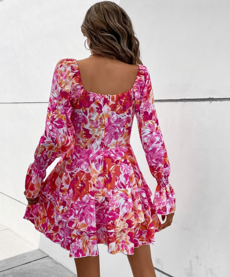 Autumn Square Collar Printed Ruffle Sleeve Slim Dress for Women - Image 6