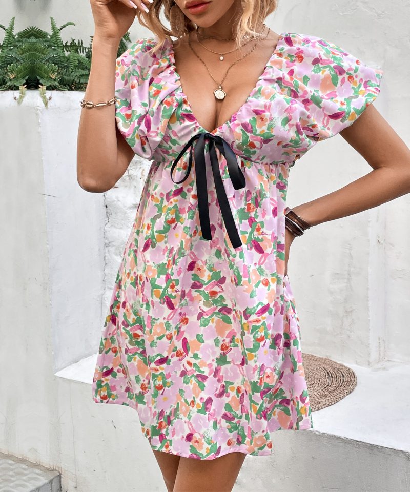 Summer Deep V-Plunge Sweet and Spicy Fairy Printed Dress for Women - Image 3