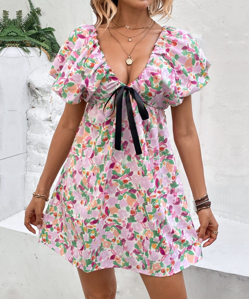 Summer Deep V-Plunge Sweet and Spicy Fairy Printed Dress for Women - Image 6