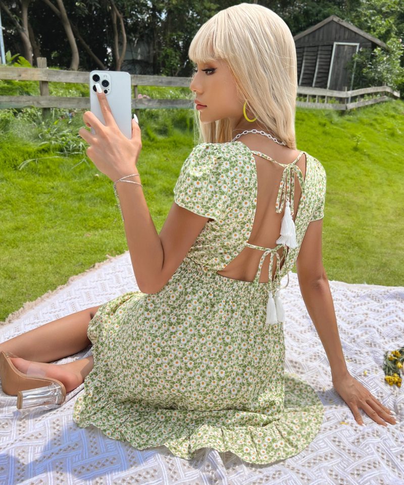 Summer Backless Tied V-Neck Floral Dress for Women - Image 4