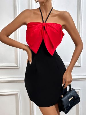 Summer Halter Spaghetti Straps Bow Cocktail Evening Dress