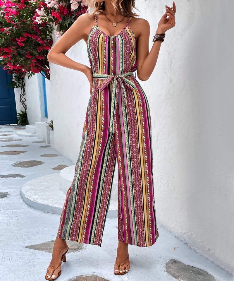 Sexy Loose Striped Spaghetti Strap Cropped Jumpsuit - Image 2