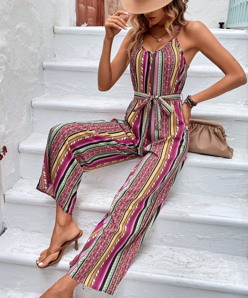 Sexy Loose Striped Spaghetti Strap Cropped Jumpsuit - Image 3