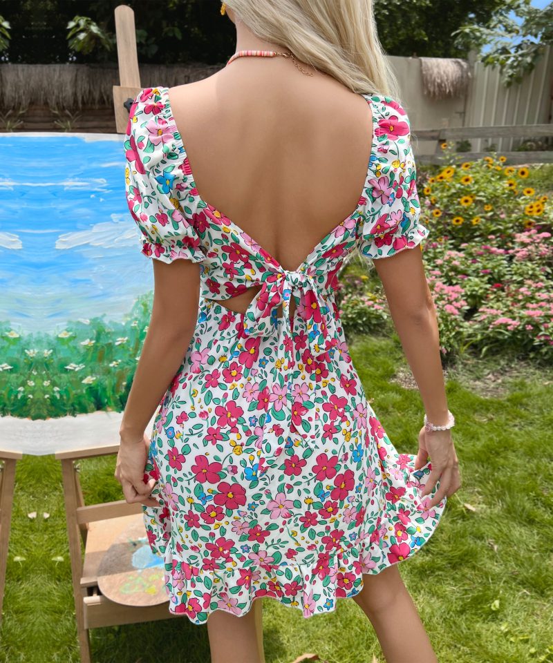 Summer Lace-Up Waist Trimming Backless Dress with Original Printing Design - Image 2