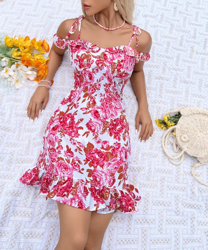 Off-the-Shoulder Lace Print Slip Dress - Image 3