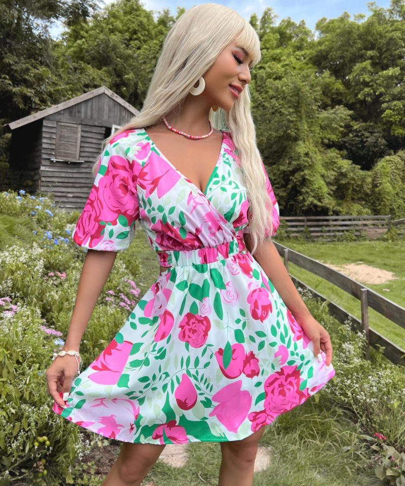 Slim Ruffled V-Neck Hollow Out Print Dress - Image 3