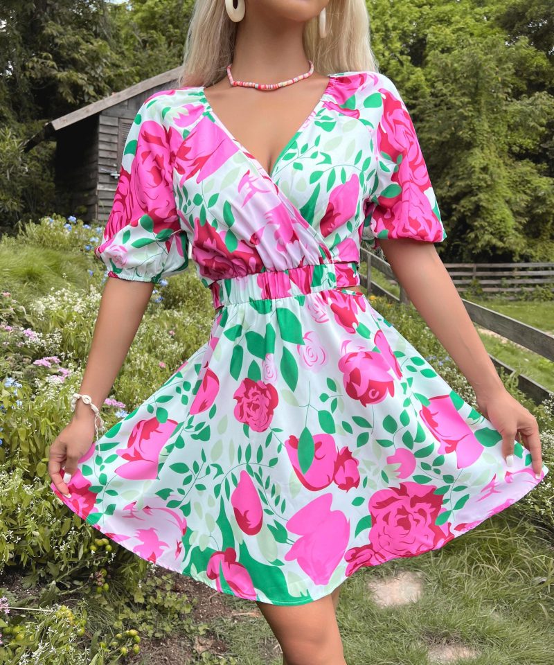Slim Ruffled V-Neck Hollow Out Print Dress - Image 5