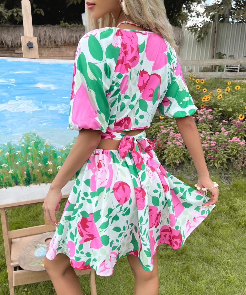 Slim Ruffled V-Neck Hollow Out Print Dress - Image 6